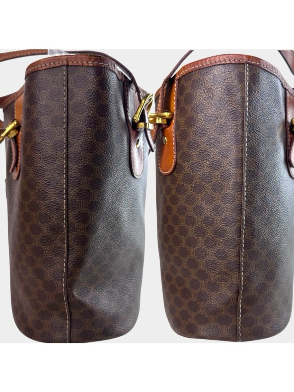 Auth CELINE Macadam Canvas Tote/Bucket Bag PVC/Leather Brown Gold M95 Logo Vintg - Picture 9 of 15
